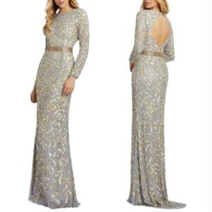 MAC DUGGAL 4316 LONG SLEVE EMBELLISHED OPEN BACK PLATINUM GOWN sz 14